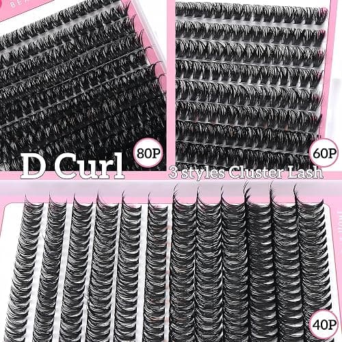 YIDUO 3 Styles Lashes Cluster Kit 720Pcs Eyelash Extensions Kit 40P+60P+80P 8-18mm D Curl Volume False Eyelashes DIY Individual Wispy Fake Eye Lashes Combo Packs with Bond&Seal |Tweezers | Removers thumbnail 4