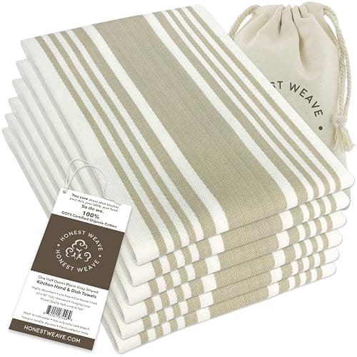 HONEST WEAVE GOTS Certified Organic Cotton Kitchen Hand and Dish Towel Sets - Oversized 20x30 inches, Fully Hemmed, in Designer Colors, 6-Pack, Warm Gray/Taupe Stripe - Image 1