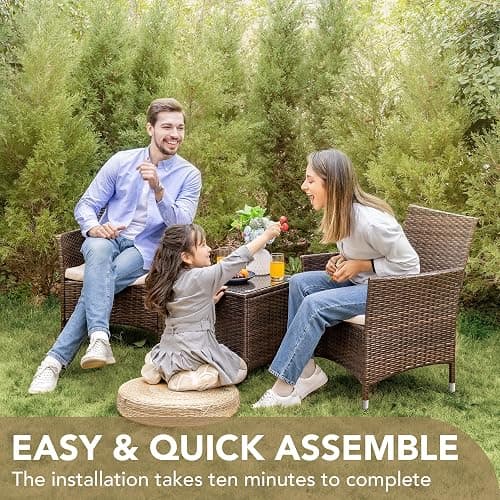 Devoko Patio Porch Furniture Sets 3 Pieces PE Rattan Wicker Chairs with Table Outdoor Garden Furniture Sets (Brown/Beige) thumbnail 7