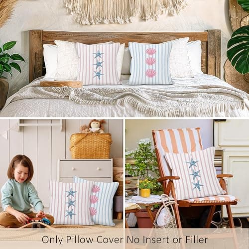LLOKARNORA Preppy Starfish Seashell Throw Pillow Covers Set of 2, Pink and Blue Striped Pillow Case Cover for Girls Room, Coastal Square Pillowcase, Beachy Coquette Cushion Cover Case for Couch,18x18 thumbnail 6