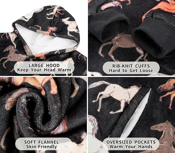 Huglanket Horse Gifts for Girls, Women, Horse Lovers, Wearable Flannel Horse Blanket Hoodies thumbnail 5