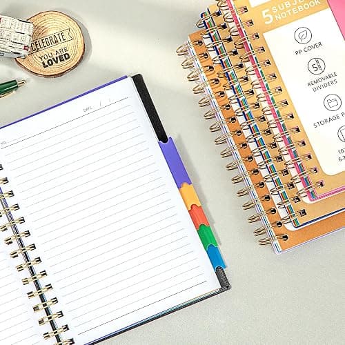 CAGIE 5 Subject Notebook College Ruled with Removable Tabs, Lined Spiral Journals Notebook for Women Men Writing, Notebooks for Work Note Taking School Supplies, A5 - Pink - Pink - 6.2''x8.2'' thumbnail 4