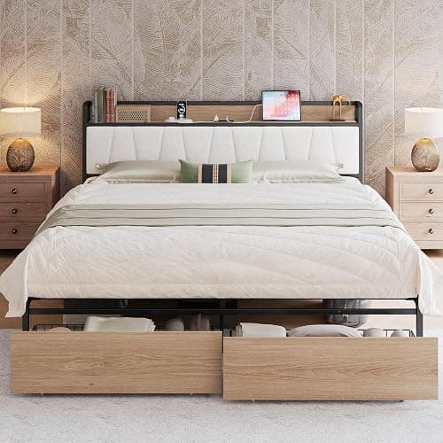 LIKIMIO King Size Bed Frame, Storage Headboard with Charging Station, Platform Bed with Drawers, No Box Spring Needed, Easy Assembly, Wood and Cream - Image 1
