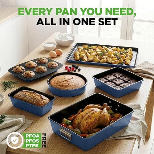 NutriChef 8-Piece Nonstick Stackable Bakeware Set - PFOA, PFOS, PTFE Free Baking Tray Set w/Non-Stick Coating, 450°F Oven Safe, Round Cake, Loaf, Muffin, Wide/Square Pans, Cookie Sheet (Blue) thumbnail 7