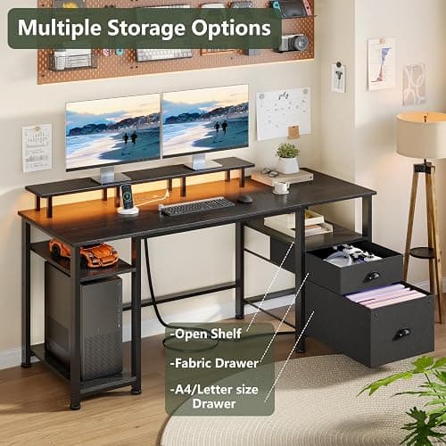Furologee 61" Gaming Desk with Power Outlets & LED Lights, Reversible Computer Desk with File Cabinet & Monitor Stand for Home Office, Large Work Table with Storage Shelves & Drawer, Black thumbnail 9