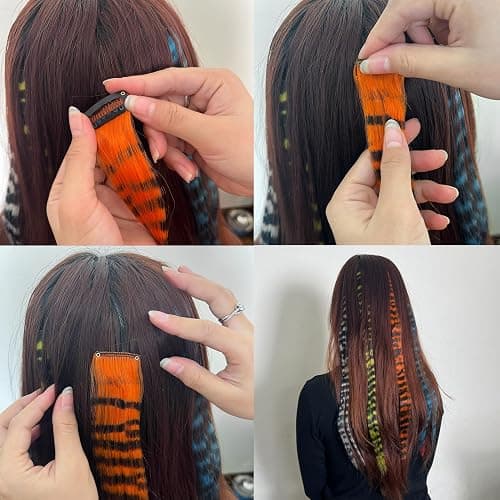 12PCS Racoon Tail Hair Extensions, 18 Inch Striped Scene Clip in Hair Piece, Synthetic Long Straight Raccoon Printed Colorful Wigs, Women Accessories for Party, Cosplay, Halloween, Daily Use thumbnail 3