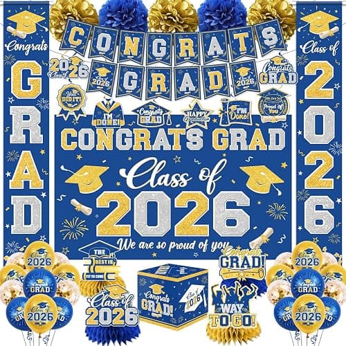 Graduation Decorations Class of 2026 Blue and Gold Graduation Decorations with Congrats Grad Banner,Backdrop,Porch Sign,Balloons,Hanging Swirls,Honeycomb Centerpieces,Box for Graduation Party Supplies - Image 1