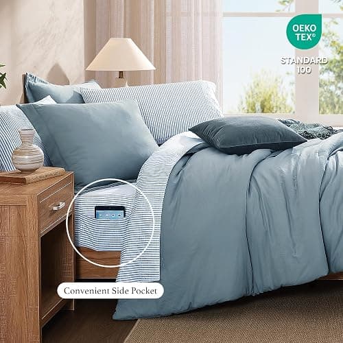 Monbix Queen Comforter Set - 7 Pieces Dusty Blue Prewashed Bed in a Bag Queen Bedding Sets with Comforters, All Seasons Ultra Soft Comforter Bed Set with Sheets,Pillowcases & Shams thumbnail 5