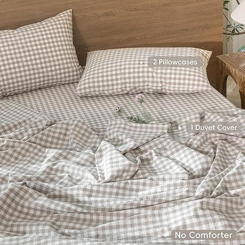 MooMee Gingham Duvet Cover Set 100% Washed Cotton Linen Like Textured Breathable Durable Soft Comfy Modern Checkered Design (Tannish Linen Grey Gingham, Palatial King/Oversized King 120"x98") thumbnail 3