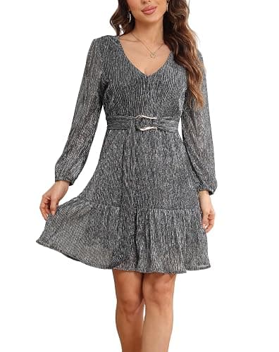 NERLEROLIAN Woman Shiny Threads Dress Long Sleeve Lined with Belt V Neck Mini Pleated Dress thumbnail 2