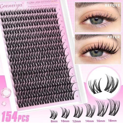 Geeneiya FLORA Lashes Clusters Kit DIY Lash Extension, 8-18MM Wispy Lash Clusters, Ultra-thin Soft Band Eyelash Extension Kit with Waterproof Lash Bond and Seal, Lash Remover, Tweezers for Beginners thumbnail 3