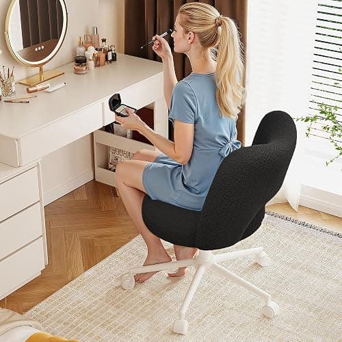 DurayLoly Small Vanity Chair with Silent Wheels Black, Cute Vanity Chair with Back,Ultra-Plush Fleece Cute Desk Chair, Small Office Chair Height Adjustable,for Make-up Room,Bedroom thumbnail 6