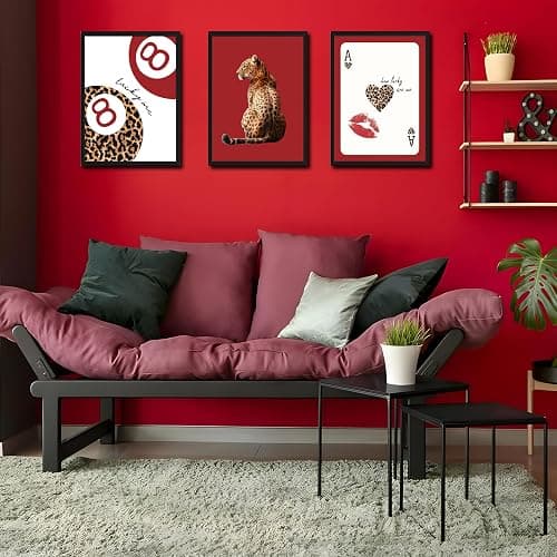 Framed Trendy Leopard Wall Art Set of 3, Red Funky Preppy Cheetah Wall Decor Paintings, Lucky 8 Aesthetic Room Decor Prints Pictures for Girls Bedroom Apartment Dorm 12x16 Inch Black Frame thumbnail 6