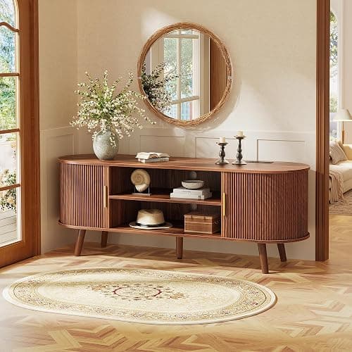 PRAISUN 54 Inch Fluted TV Stand for TVs up to 55 Inch, TV Media Console with Power Outlets and USB-C Port, Entertainment Center with Storage, Curved Sliding Doors, Adjustable Shelf, Brown thumbnail 3