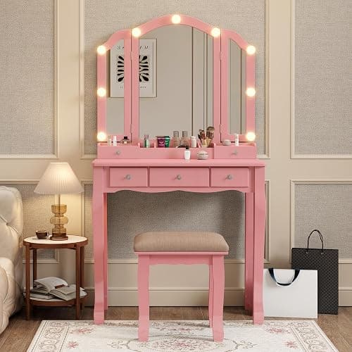 Phonrida Pink Makeup Vanity for Girls Vanity Desk with Mirror and Lights Girls Vanity Desk Vanity with Lights Make Up Vanity Set tocadores para maquillarse con Luces y cajones Vanity Table Set thumbnail 3