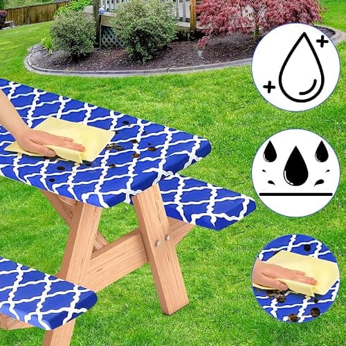 BOUBONI 3 Pcs Set Fitted Picnic Table Cover with Bench Covers Vinyl Camping Table Cloth Flannel Backing Picnic Table Cloth for 6ft Tables Camping Outdoor (Blue Morocco, 30 x 72 Inches) thumbnail 5