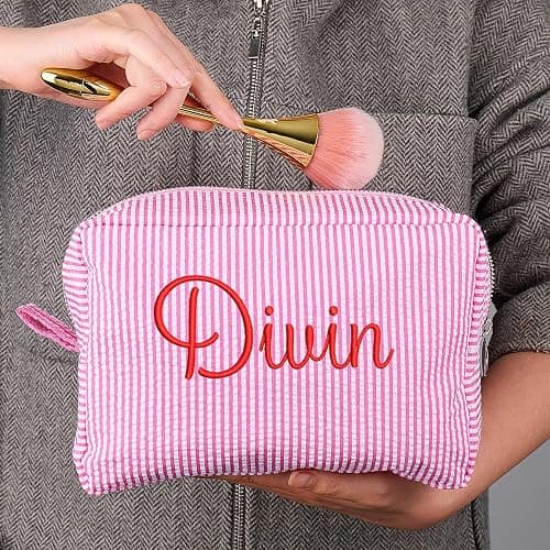 Personalized Cosmetic Bag with Name, Cute Custom Makeup Bags for Women Girls Seersucker Bridesmaid Travel Bag, Organizer Storage Pouch, Cute Pattern, Available to Match Travel Bags thumbnail 6