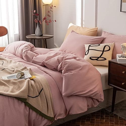 Janlive Washed Cotton Duvet Cover Queen Ultra Soft 100% Cotton Solid Color Dusty Pink Duvet Cover Set with Zipper Closure -3 Pieces Pink Queen thumbnail 4