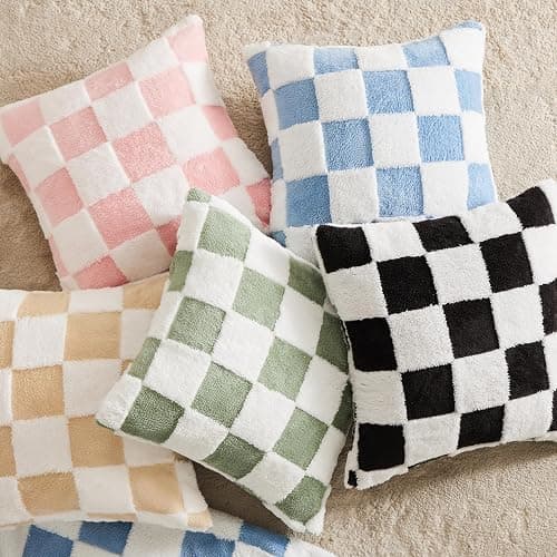 Ohocut Checkered Jacquard Shag Throw Pillow Covers, Pack of 2 Fluffy Blue Cute Decorative Aesthetic Soft Checkered Throw Pillow Cases for Couch Sofa Bedroom,18x18 Inch thumbnail 4