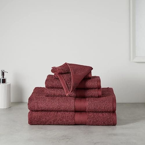 Amazon Basics Soft Bath Towels set , Absorbent Fade Resistant 100% Cotton washcloths 6 Pieces (12" x 12"), Perfect face towels, fingertip towels, Crimson thumbnail 2