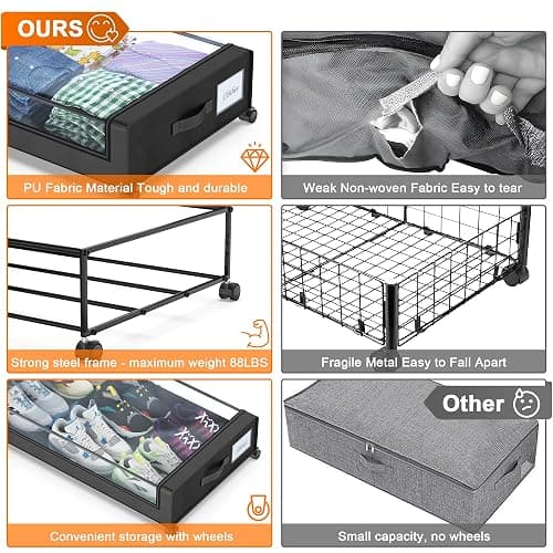 Under Bed Storage with Wheels, 2 Pack Under Bed Storage Containers with Clear Lids, XXL 65L Under Bed Storage Organizer, Rolling Under Bed Metal Drawer for Blanket, Clothes, Shoes (31 x 17 x 6.69 in) thumbnail 3