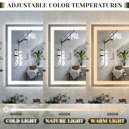 ROLOVE 32x22 Lighted Vanity Mirror, Wall-Mounted, Detachable 10X Magnifier | LED Makeup Mirror, 3 Color Modes, Stepless Dimming, Touch Control, Plug-In Design, Tabletop Use, Even Lighting thumbnail 4