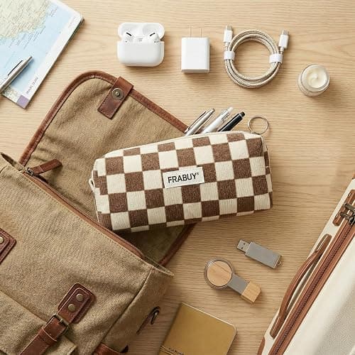 FRABUY Soft Corduroy Pencil Case Pen Pouch Organizer, Small Stationery Bag | Cute Crown Checkerboard Pouch, Smooth Zipper, Daily Cosmetics Holder, Compact Organizer for School Teen Girls, Women thumbnail 7