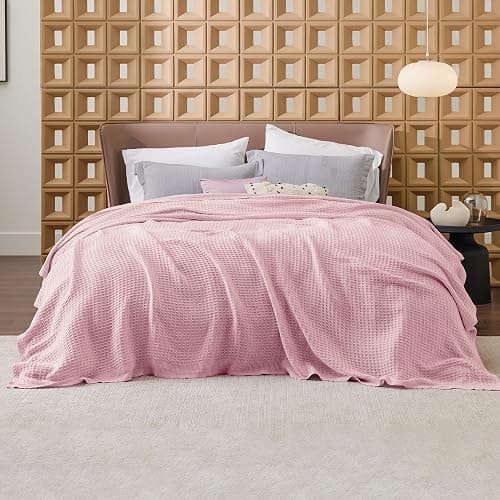 Bedsure Gentlesoft 100% Cotton Blanket Queen Size for Bed - Breathable and Soft, Thick Cozy Waffle Weave Christmas Blanket Gift for Women, Pink, 90x90 Inches thumbnail 2