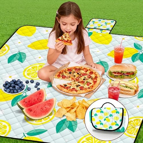 Extra Large Picnic Blanket Waterproof,80"x 80"Foldable Machine Washable Beach Blankets,Outdoor Blanket for 6-8 Adults,Picnic Mat Suitable for Indoor Crawling,Park Beach,Camping,Hiking,Travel(Lemon) thumbnail 9