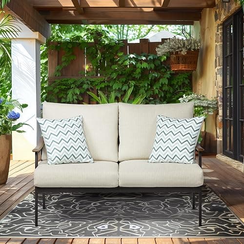 NATURAL EXPRESSIONS Patio Loveseat Sofa Outdoor Furniture Metal Chair with Wicker Backrest & 6 Inches Cushion for Indoor, Front Porch, Deck, Balcony, Backyard, 51.77"(L) x 29.75"(W) x 33.86"(H). thumbnail 9