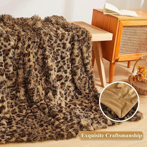 XeGe Luxury Faux Fur Leopard Print Throw Blanket, Soft 50x60 Cheetah Print Fluffy Blanket Throw, Shaggy Plush Decorative Couch Blanket, Cute Furry Animal Throw Fuzzy Blanket for Sofa Bed, Brown - 50"x60" - Cheetah Print Brown thumbnail 4