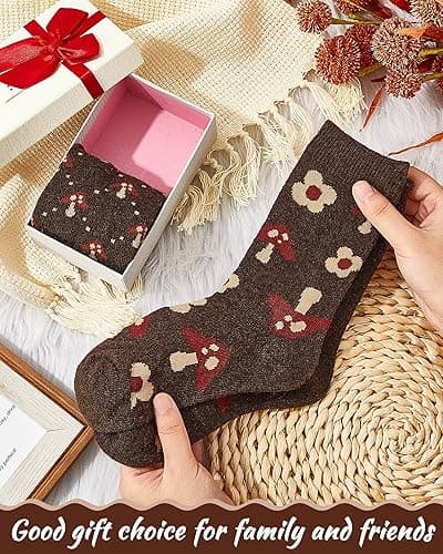 Janmercy 2 Pairs Mushroom Crew Sock Wool Mushroom Socks Classic Flower Socks Women Novelty Socks Casual Women's Socks (Flower) thumbnail 5