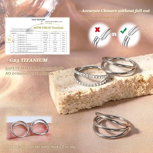 G23 Titanium 16/18/20G Double Triple Hoop Nose Rings Helix Conch Piercing | Septum ClickerTragus Nostril Cartilage Rook Body Piercing Jewelry, 14K Gold Plated, Silver, Black, 6/7/8/9/10/12mm thumbnail 2