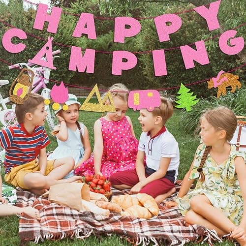 Kristin Paradise Happy Camping Banner, Glamping Party Sign Decorations for Girl, Pink Camper Theme Supplies, Camp Birthday Themed Decor thumbnail 6