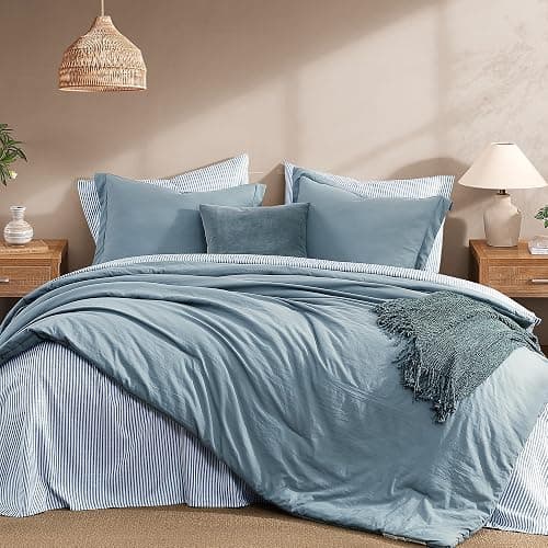 Monbix Queen Comforter Set - 7 Pieces Dusty Blue Prewashed Bed in a Bag Queen Bedding Sets with Comforters, All Seasons Ultra Soft Comforter Bed Set with Sheets,Pillowcases & Shams thumbnail 2