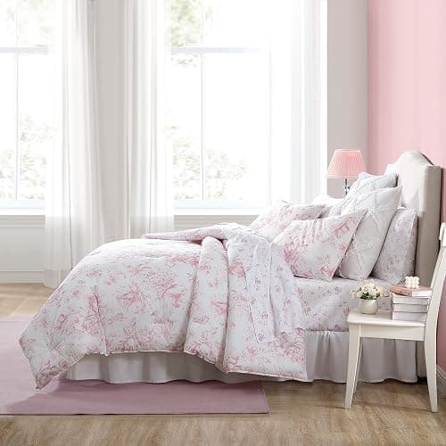 Laura Ashley- Queen Comforter Set, Reversible Cotton Bedding with Matching Sham(s), Farmhouse Home Decor, Dorm Room Essentials (Delphine Mauve Pink, Queen) thumbnail 8