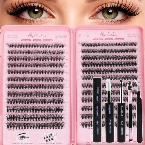 Lash Clusters Kit, Eyelash Clusters Individual Lash Extension Kit Pcs D Curl Fluffy Wispy False Eyelashes Extensions Thin Band with Bond Seal Tweezers Brush Removers (30D+40D KIT 9-16mm) - Image 1