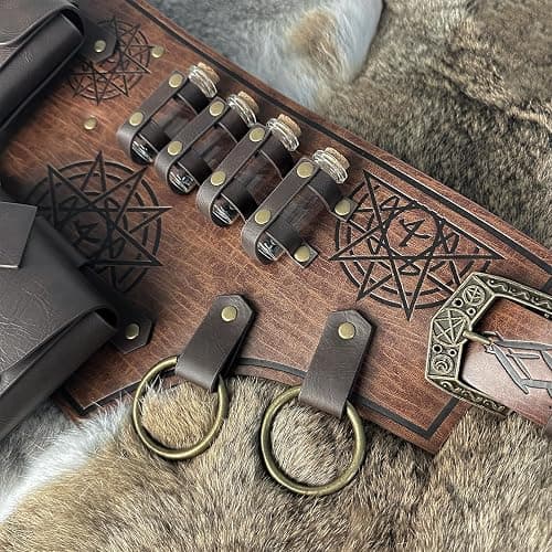 HiiFeuer 4 PCs Medieval Alchemy Belt Costume, Fantasy Faux Leather Wizard Potion Holder Belt with 4 Cork Vials and Belt Bag (Brown A) thumbnail 5