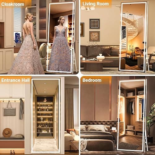 WINNICE Full Length Mirror with Lights, 56" x 15.8" LED Lighted Floor Standing Body Mirror, Dimmable & 3 Color Lighting for Bedroom, Cloakroom, Dressing Room, Tempered Glass, White thumbnail 5
