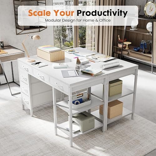 Sweetcrispy 47" Computer Desk with 6 Fabric Drawers & Storage Shelves | Reversible Gaming Desk, Office Desk, Computer Workstation, Corner Desk with Storag, Home Office, Living Room, White thumbnail 5