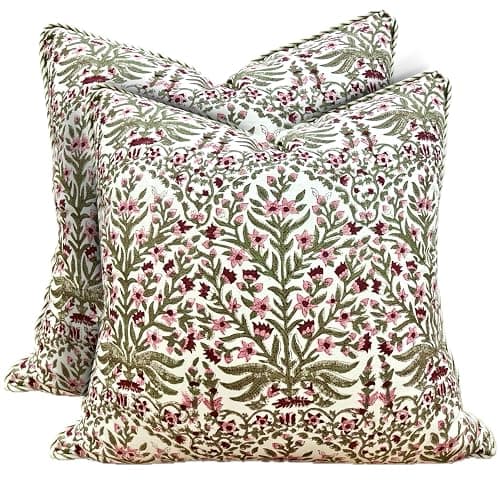ATOSII Block Print Throw Pillow Covers, 20" X 20" - Set of 2, Decorative Couch Pillows for Living Room Bed Sofa, 100% Cotton Canvas Pillow Case for Home Decor & Outdoors, Preppy Throws - Nargis Pink - Image 1