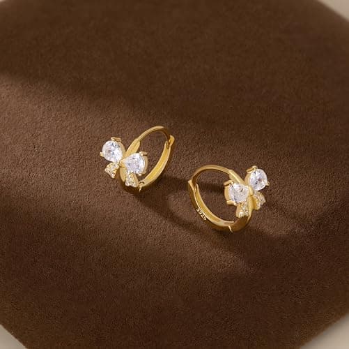 Reffeer Solid 925 Sterling Silver CZ Bow Hoop Earrings for Women Teens Cute Bow Earrings Huggie thumbnail 5