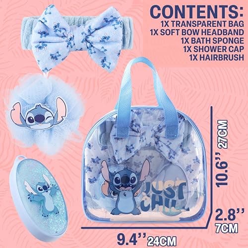 Get Trend Disney Stitch Shower Accessories Set and Clear Toiletry Bag for Girls, Teens, Women with Shower Cap Headband Bath Sponge for Bath Spa Gifts (Blue Stitch) thumbnail 6