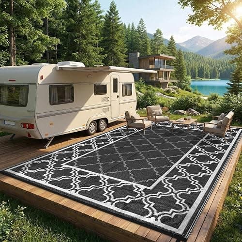 Garvee Reversible Outdoor Rug 9x12, Waterproof Outdoor Plastic Rug, Black | With Interlacing Pattern, RV Mat for Picnics, Patio, Camping, Balcony, Deck, Backyard, Porch thumbnail 2