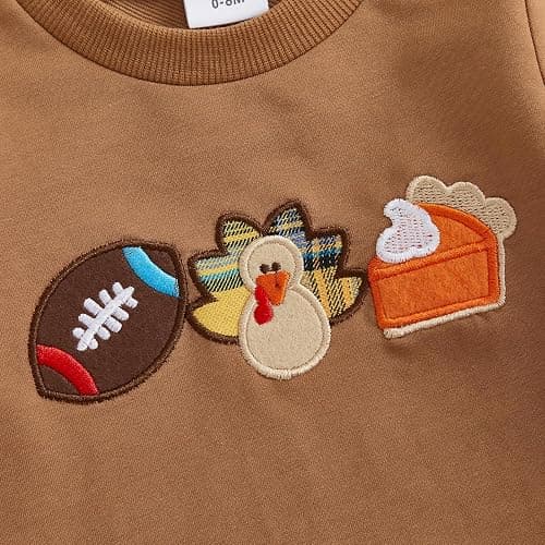 Mobbdow Toddler Baby Boy Thanksgiving Outfit Football Turkey Pumpkin Pie Crewneck Sweatshirt and Plaid Pants Set Fall Clothes thumbnail 7