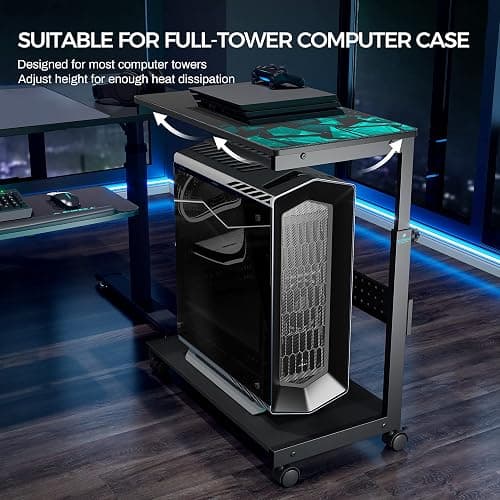 EUREKA ERGONOMIC PC Stand Computer Cart, Height Adjustable Tower Stand 2-Tier Suit for ATX Case Printer, Metal Rolling Cart on Wheels for Gaming Home Office, Black thumbnail 6