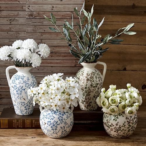 Green and Beige Antique Vase, 5.6 Inch Vintage Chinoiserie Floral Vase, Rustic Ceramic Vase for Home Decor, Living Room, Bookshelf, Office, Entryway, Garden, Chinoiserie Decor, Tuscan Decor thumbnail 8