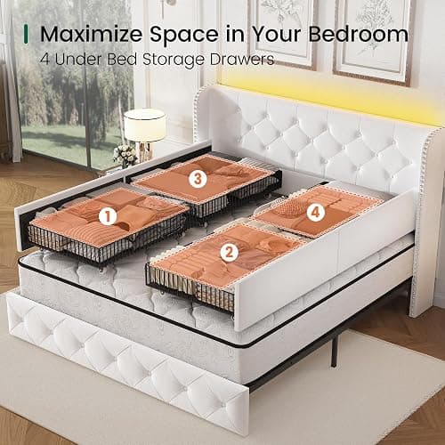 LARMACE Queen Size Bed Frame with LED Lights and 4 Storage Drawers Velvet Upholstered Platform Bed Frame with Tufted Headboard Wingback, No Box Spring Needed, Easy to Assemble, White thumbnail 3