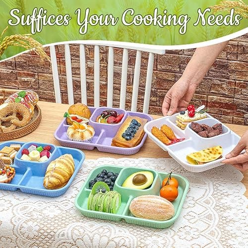 Pinkunn 8 Pcs 10'' Divided Plates Unbreakable Wheat Straw Dinnerware Lunch Trays Lightweight Reusable Plastic Compartment Microwave Dishwasher Safe Separator Plates (White, Blue, Purple, Green) thumbnail 2