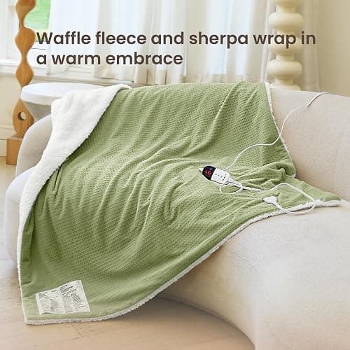 blunique Heated Blanket Electric Throw Waffle, 50x60 Inches Sherpa Fleece Fast Heating Blanket 6 Heating Levels & 4 Hours Auto Off ETL Certification, Sage Throw thumbnail 2